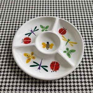 13" VTG Divided Chip Dip Platter Dragonflies, Ladybugs, Bee Bugs‎ Cottagecore